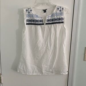 Eddie Bauer White Blouse with Blue and Black Embroidery